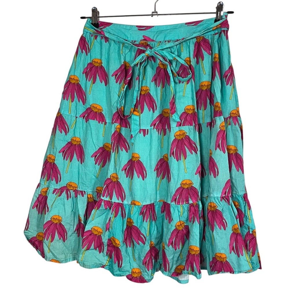 Victoria Dunn Tiered Floral A-Line Knee Length Tie Waist Skirt Blue Green Large